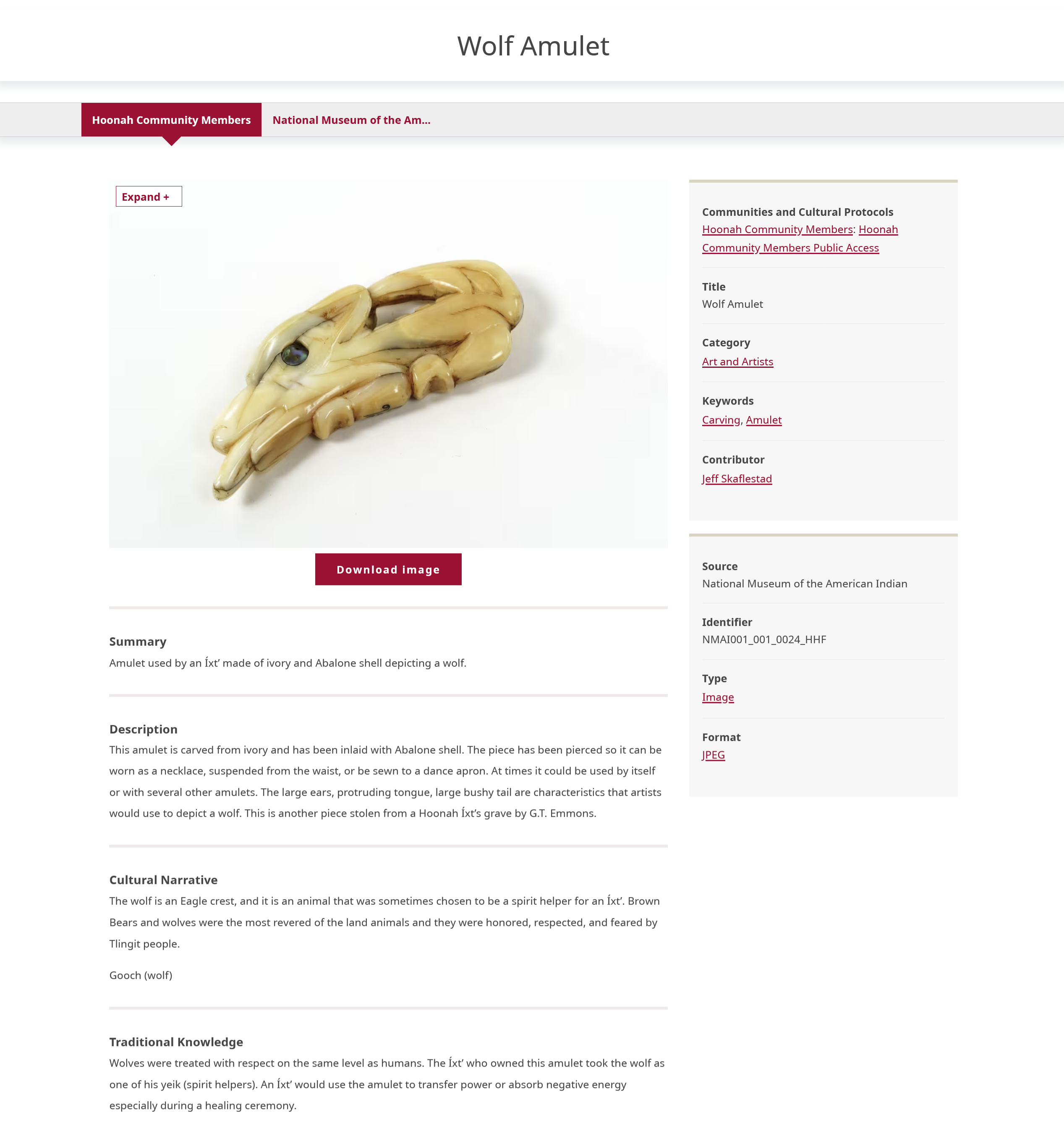 Screenshot of the Wolf Amulet digital heritage item from the Huna Heritage site.
