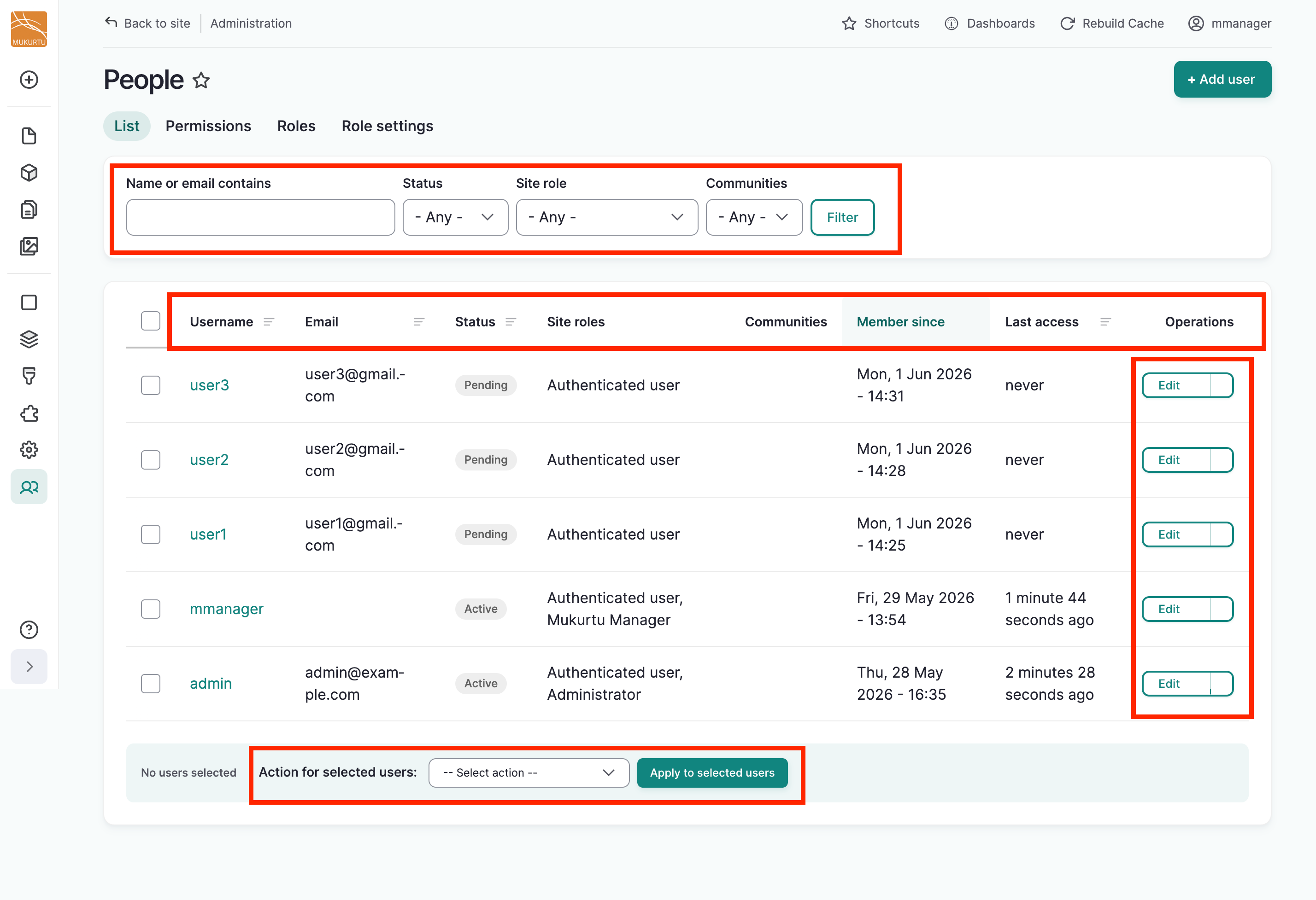 The people page. This allows administrators and Mukurtu managers to manage user accounts across the site.