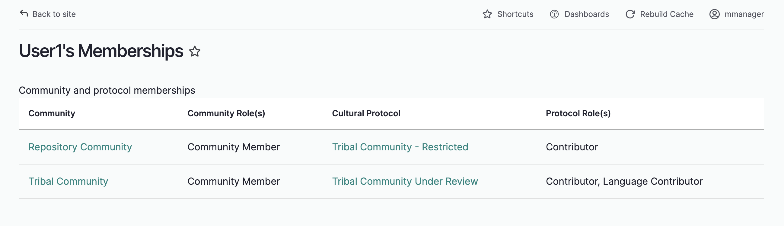 The memberships page showing the user's community and protocol memberships