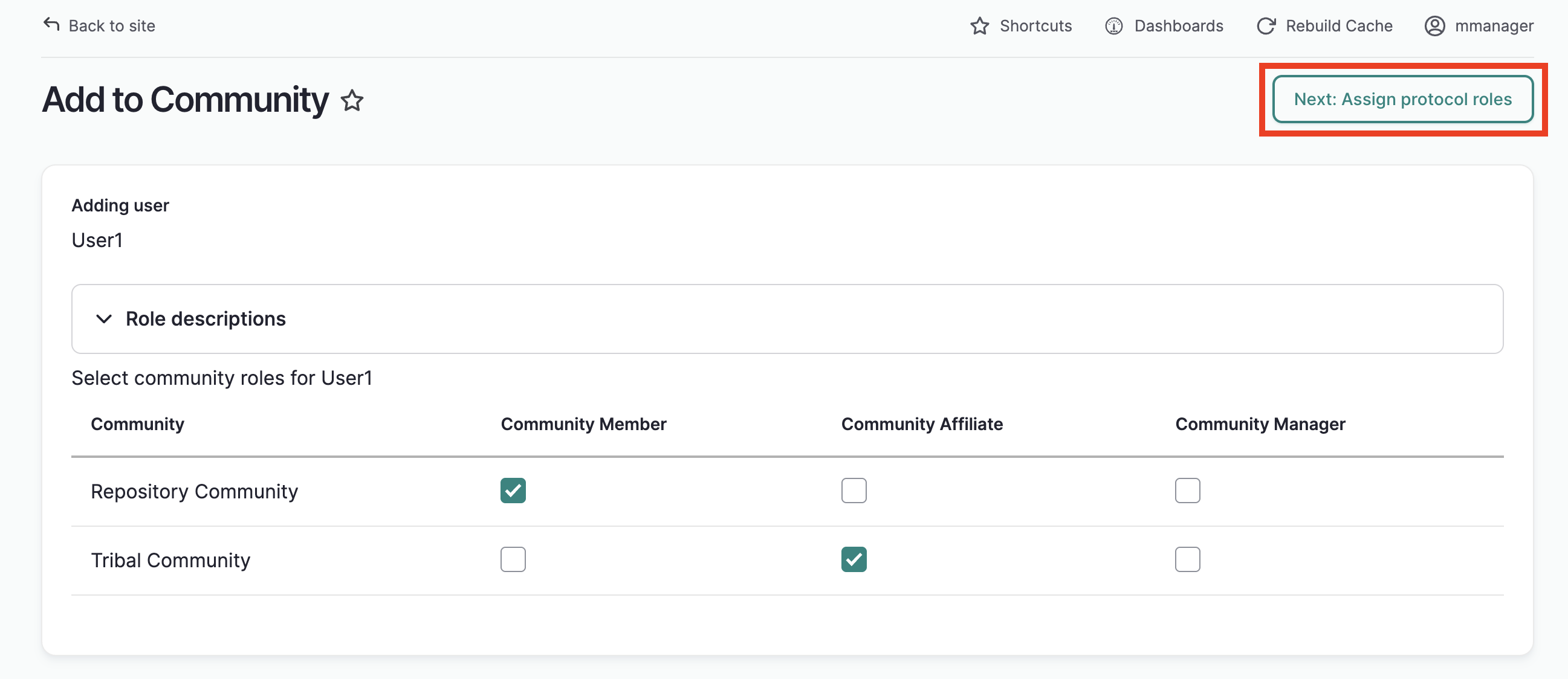 A table with all available communities and all community roles with checkboxes under each role