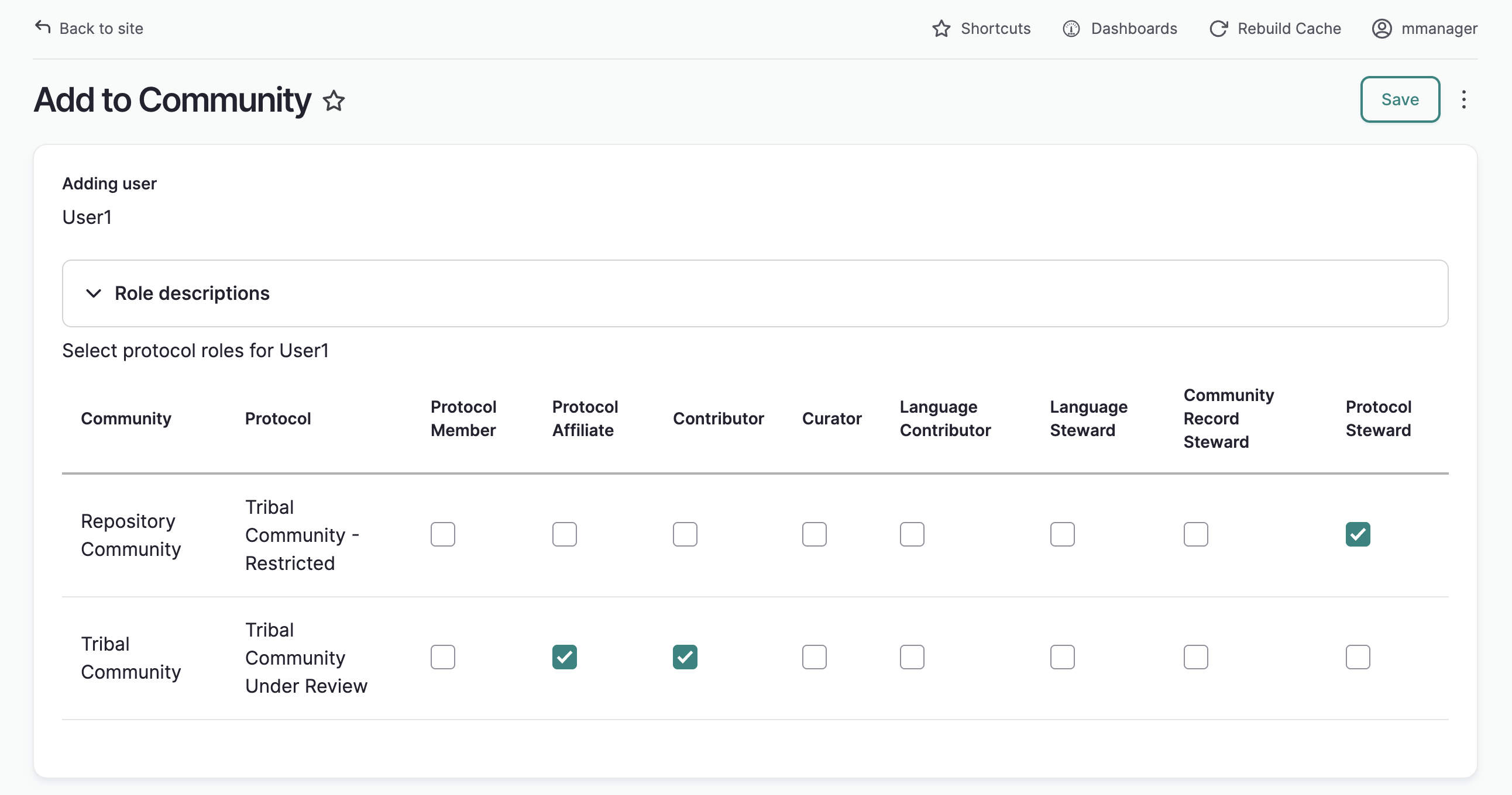 A table with all available protocols and all protocols roles with checkboxes under each role