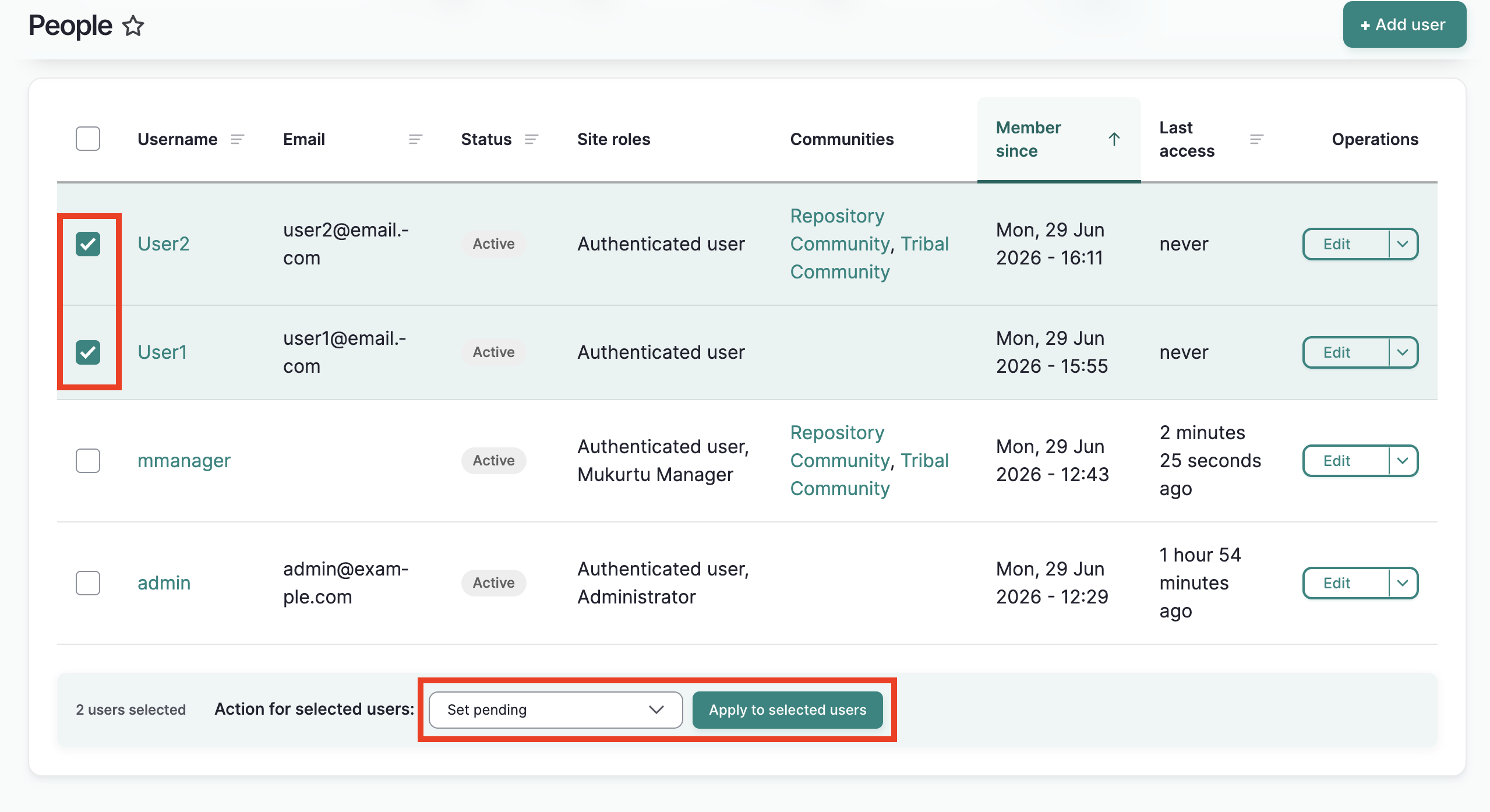 The people page with two users selected and the "set pending" action selected