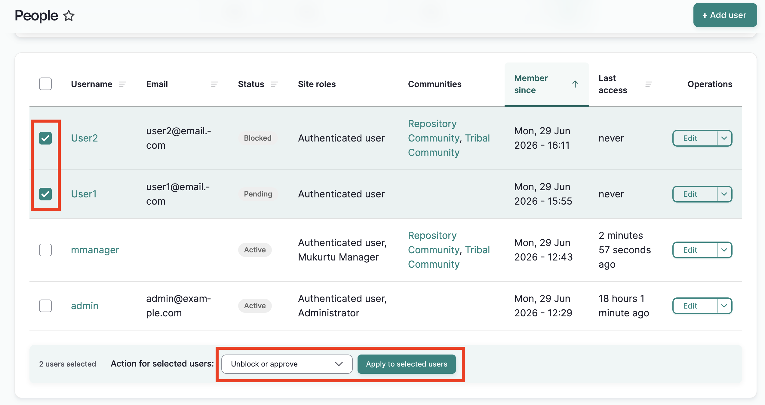 The people page with two users selected and the "Unblock or approve" action selected