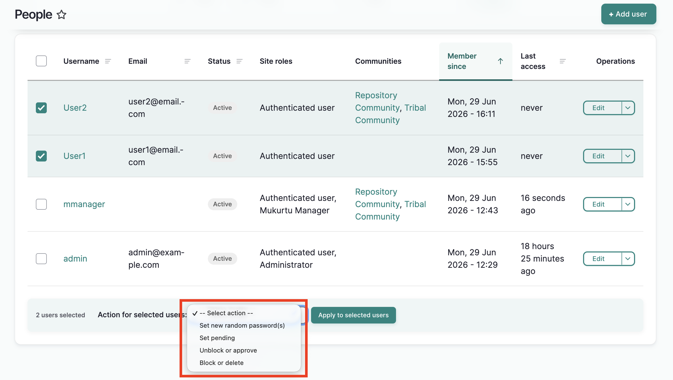 The people page with the bulk action menu highlighted
