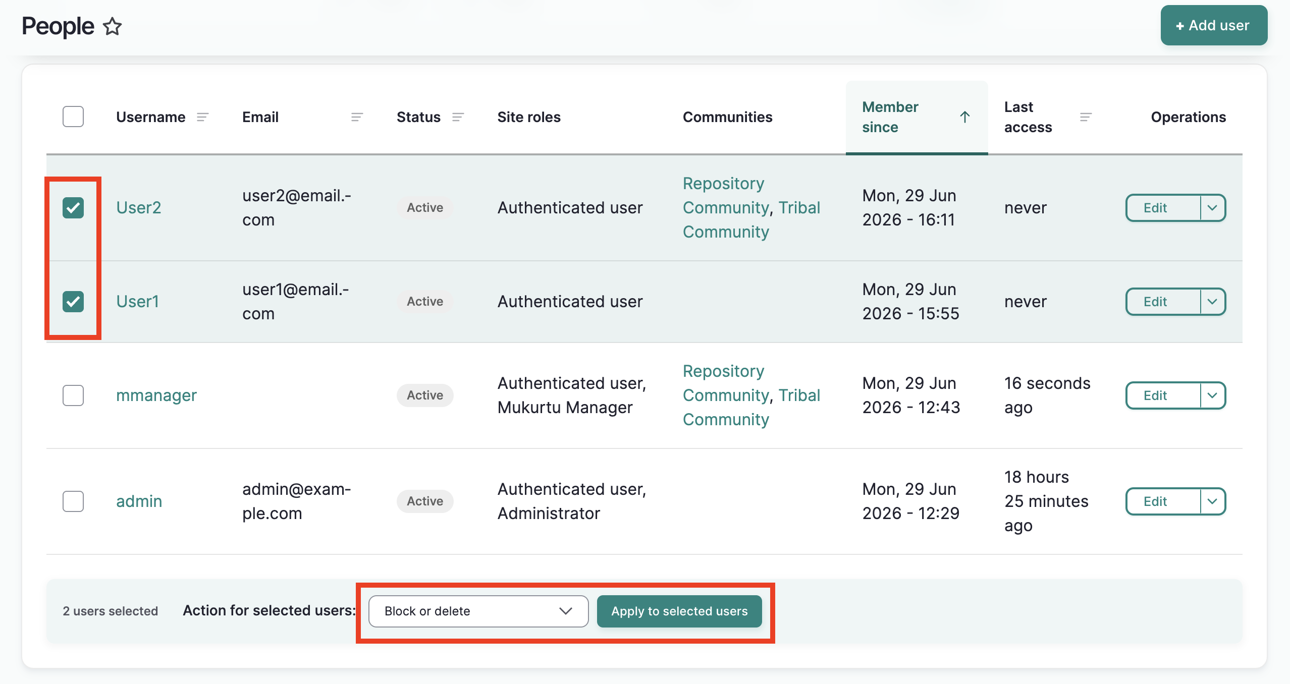 The people page with two users selected and the Block and delete action selected
